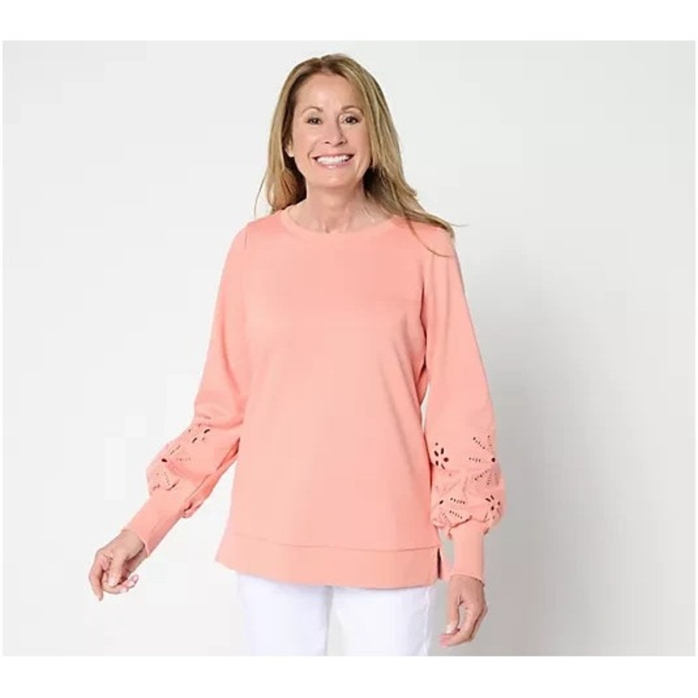 Belle by Kim Gravel Floral Eyelet Sleeve Sweatshirt Canyon Clay, X-Large